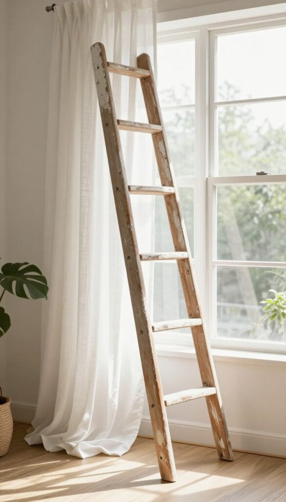 Vintage ladder used as a curtain rod in a cozy living room with linen drapes and natural light.