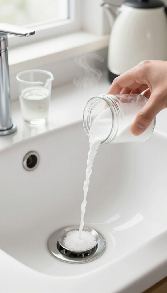 Baking soda and vinegar being used to unclog a bathroom drain, natural light, clean countertop