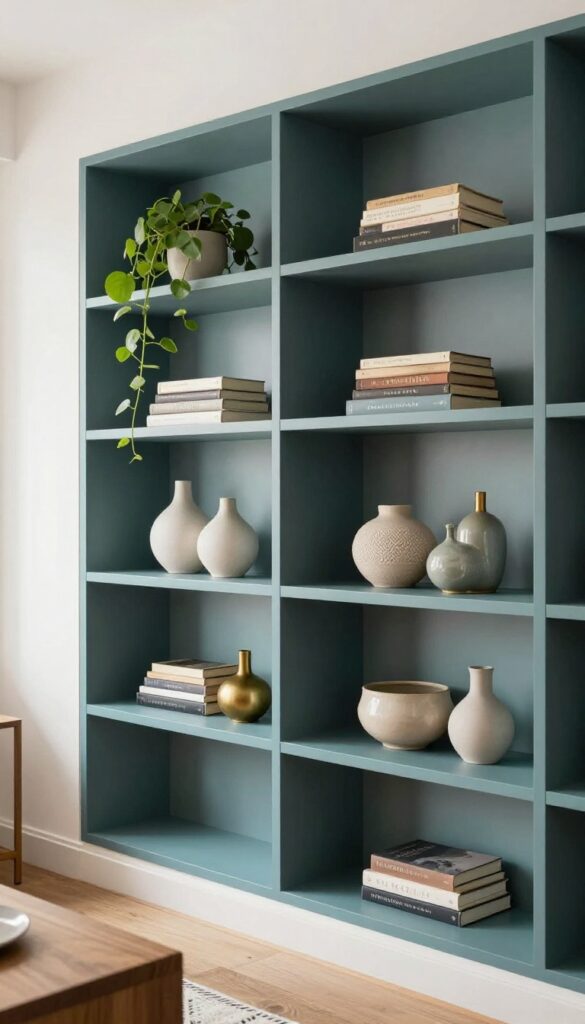 Teal built-in shelves in a modern living room with books and decor