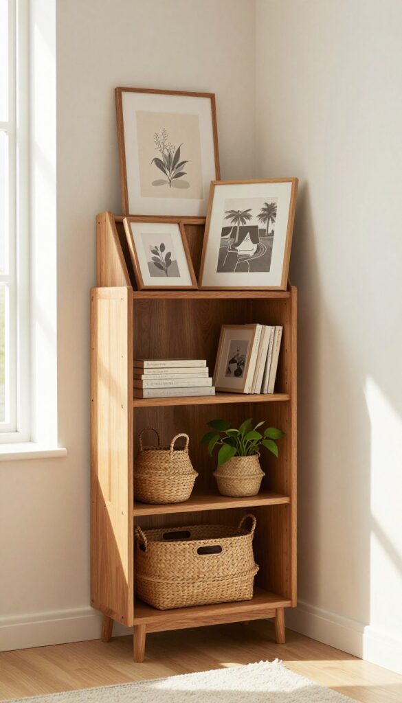 A warm and cozy living room corner with a tall wooden bookcase holding leaning framed art and woven baskets, bathed in soft natural light.