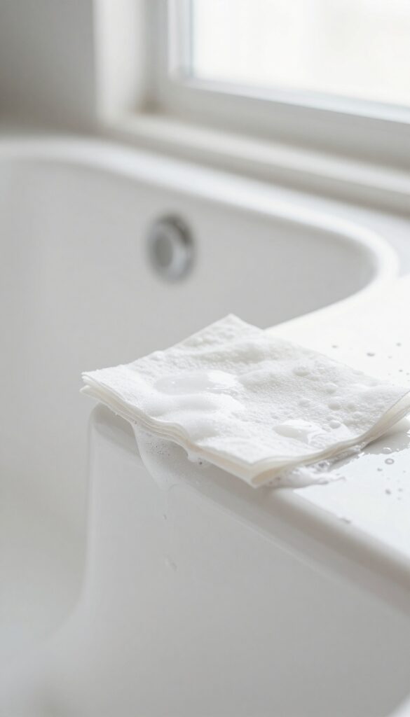 Hand scrubbing soap scum on a bathtub with a dryer sheet