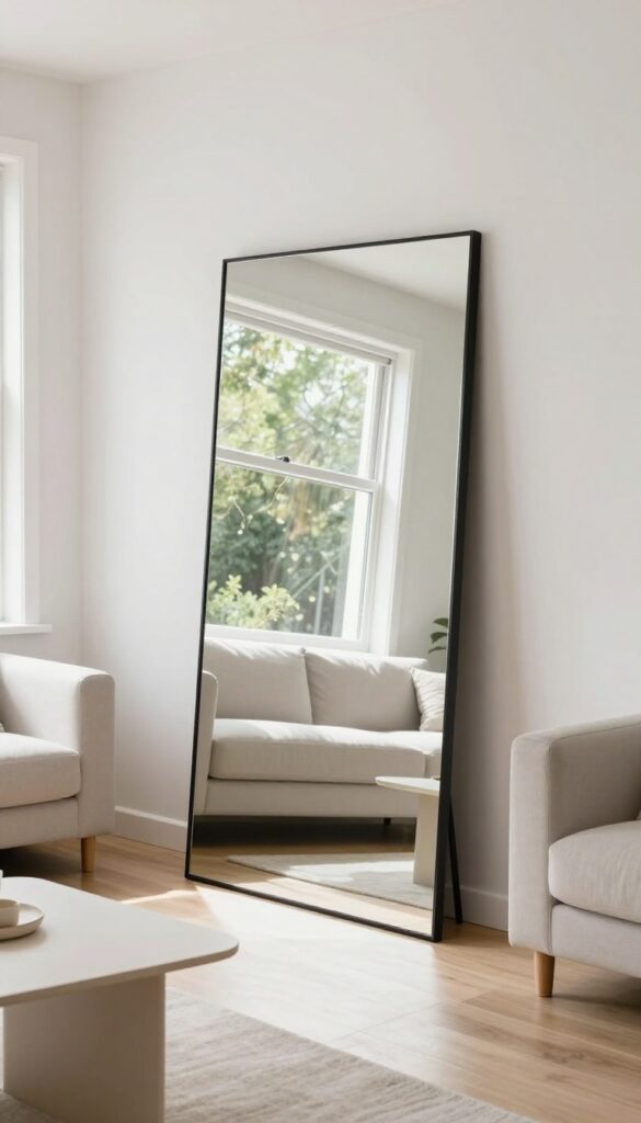 Large mirror reflecting light in a mobile home living room with modern decor