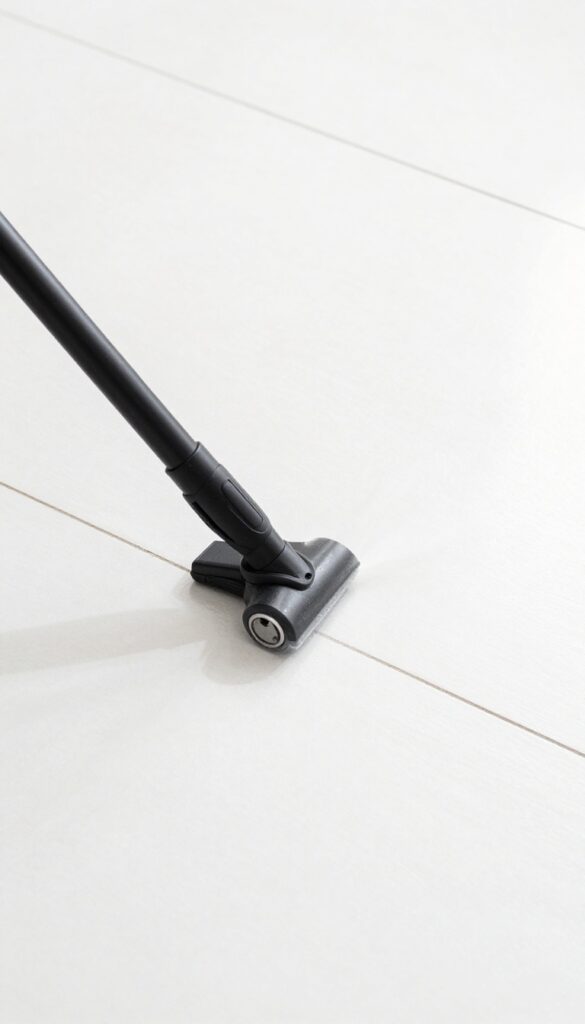 Handheld carpet cleaner attachment cleaning grout lines on a tile floor