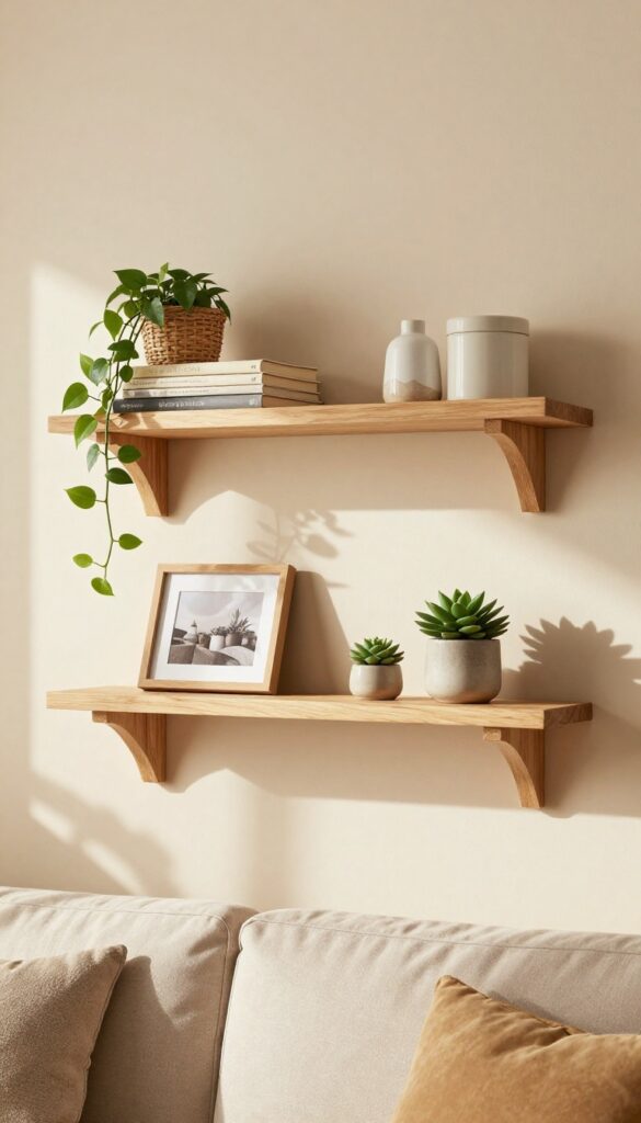Floating oak shelves styled with books, plants, and a woven bin for hidden storage in a cozy living room.