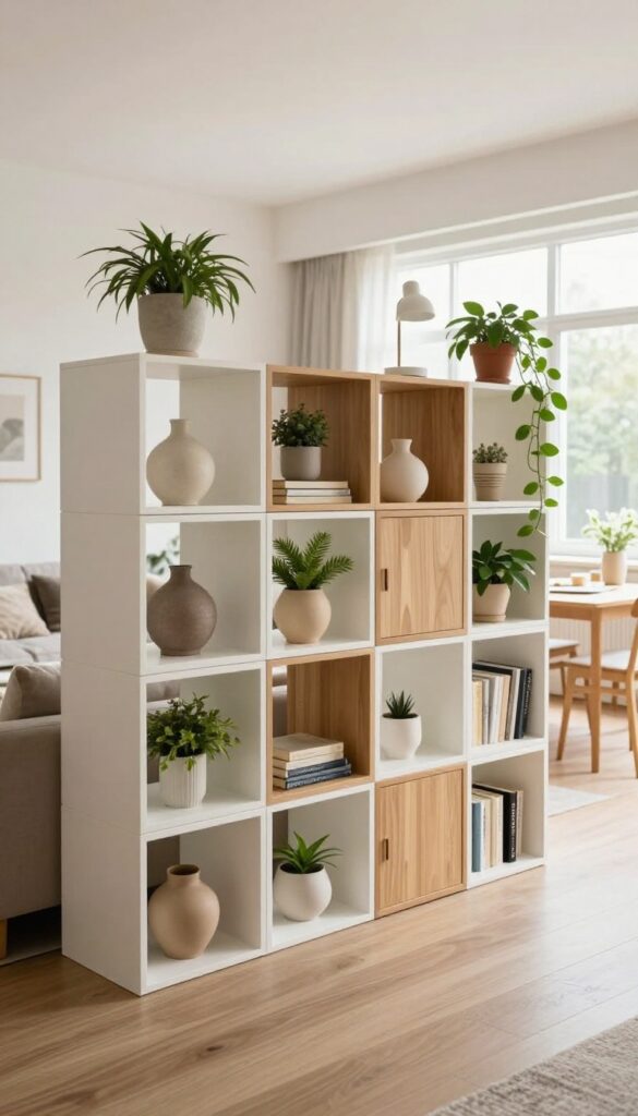 Eket cube shelf as a room divider with open and closed storage in a bright modern living room