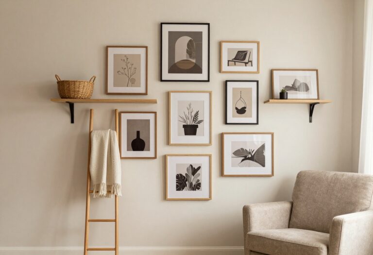 Cozy living room corner with a gallery wall including framed art, a floating shelf with a basket, and a wooden ladder with a throw blanket.