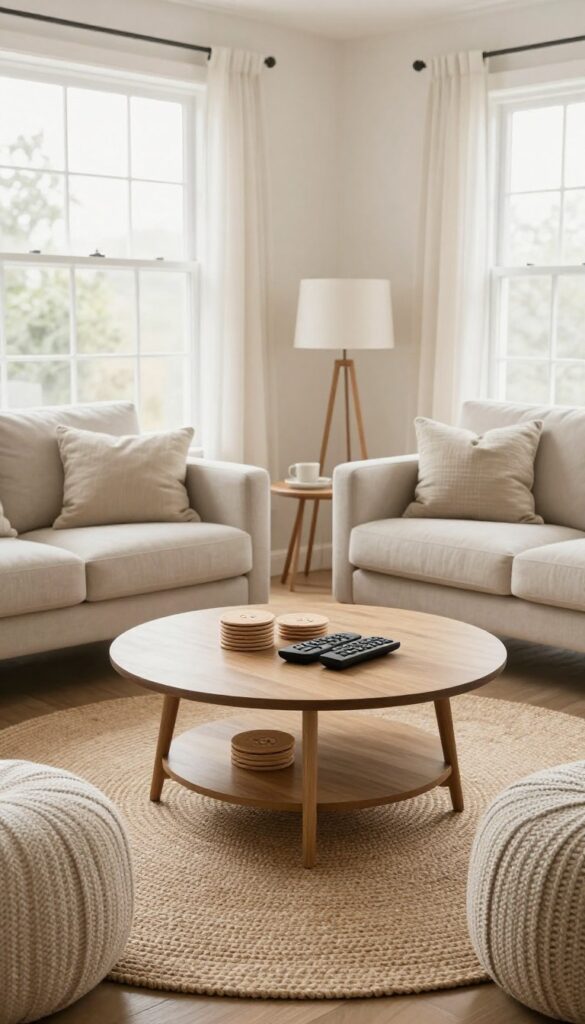 Living room with round coffee table and clustered seating arrangement