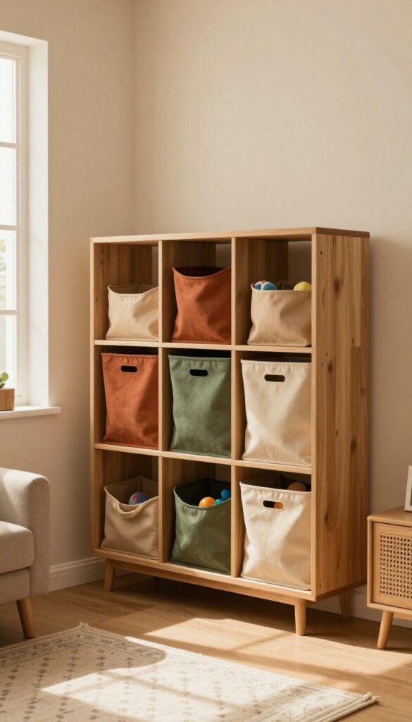 Cozy living room with cubby shelf and fabric bins for toy storage