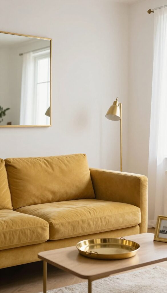 Small living room with mustard sofa and brass metallic accents