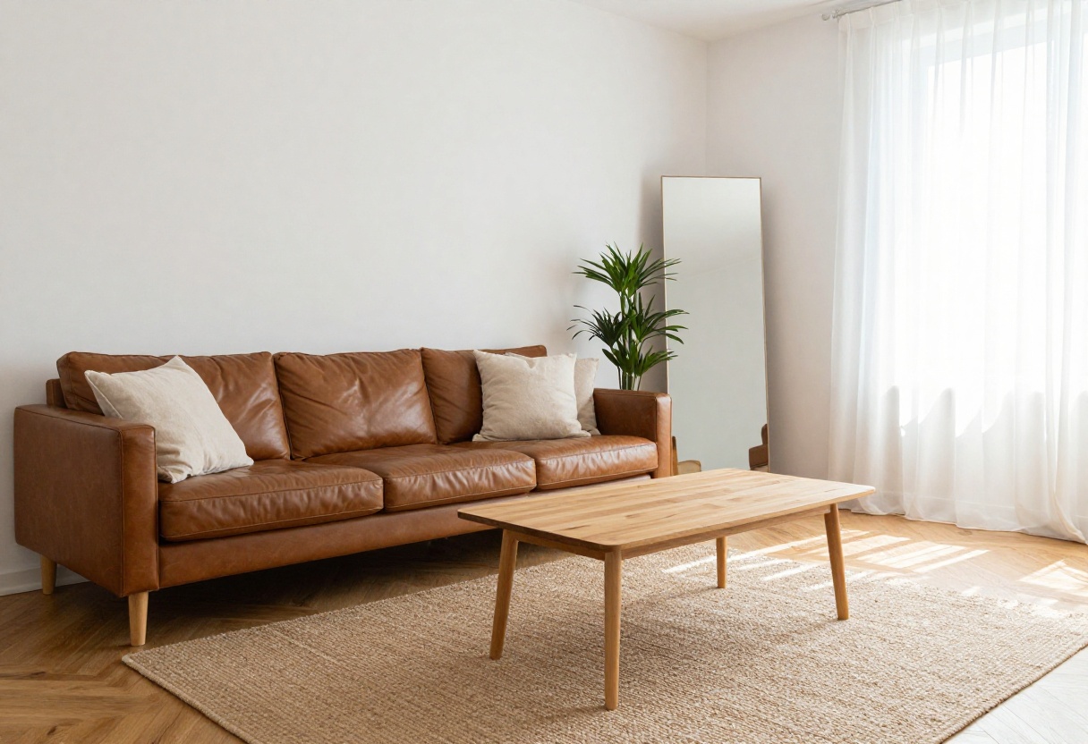 Small living room with a brown leather couch, jute rug, and natural light