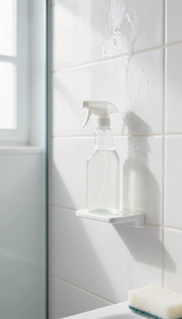 Close-up of a glass shower door with soap scum, a DIY spray bottle with vinegar and dish soap, and a sponge, in bright natural light.