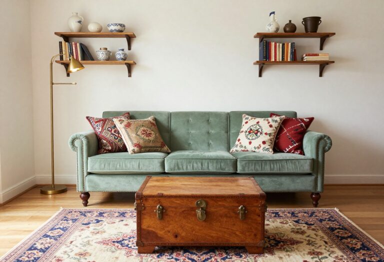 Cozy vintage living room with green tufted sofa, wooden trunk coffee table, and layered textiles in warm light.