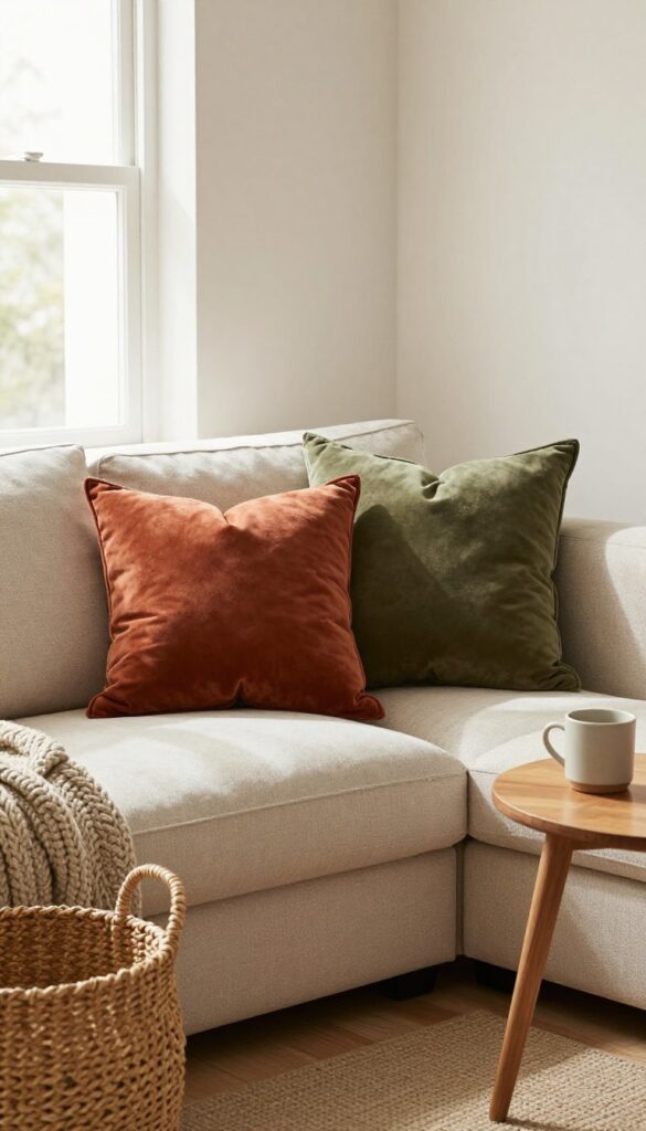 Warm boho living room with earthy throw pillows on a neutral sofa, featuring terracotta, rust, mustard, and olive green in velvet, knit, and cotton textures.