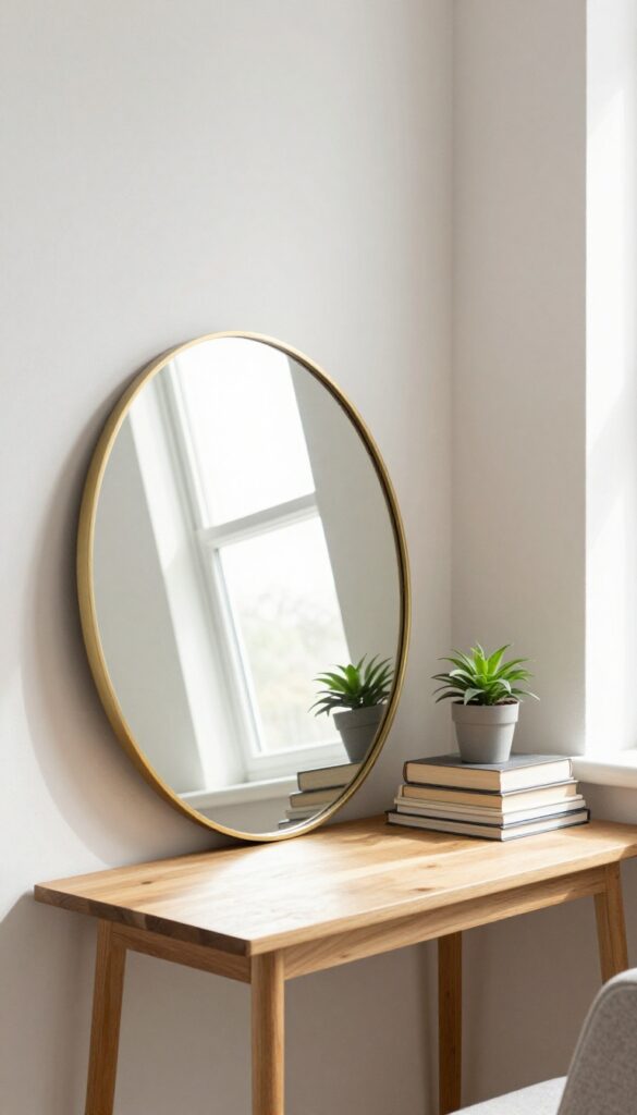 Round mirror in corner of small living room reflecting light, with plant and books on console table