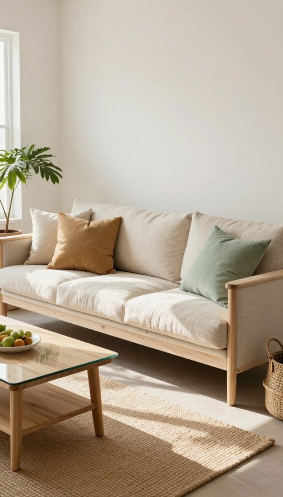 Whitewashed wood sofa in a small modern living room with linen cushions, jute rug, and greenery, creating a warm beachy vibe.