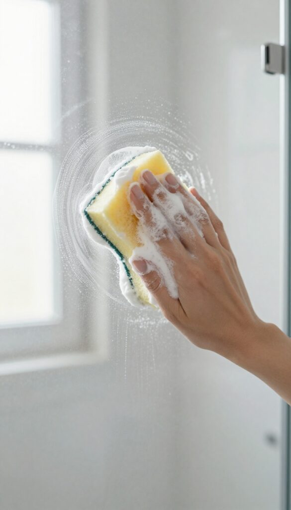 Applying baking soda paste to clean stubborn stains on a glass shower door