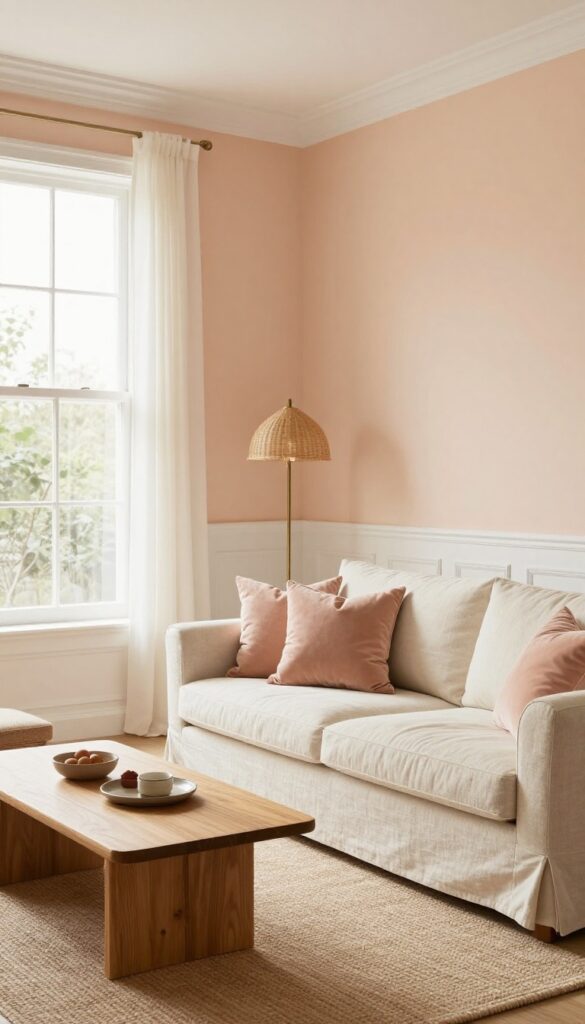 Peach accent wall in bright living room with cream sofa, warm wood, and brass lighting
