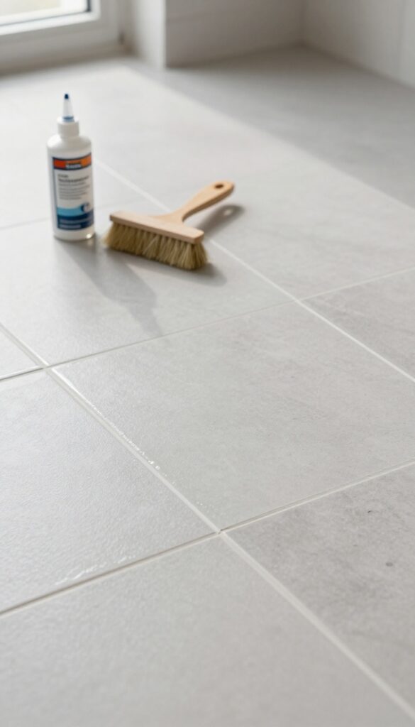 Freshly sealed grout lines on a tile floor with sealer bottle and brush