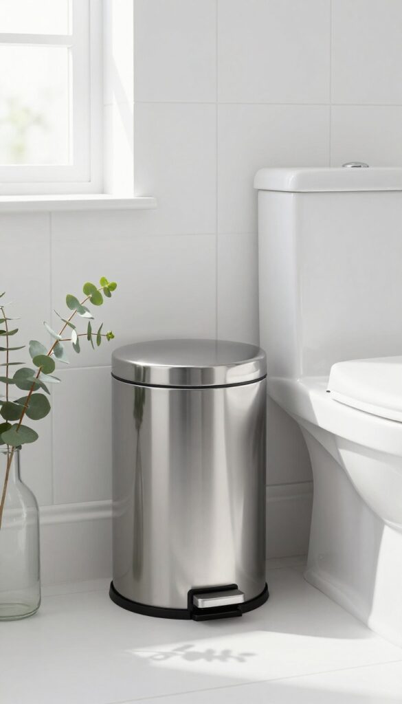 A small lidded trash can in a bright, clean bathroom, with natural light and eucalyptus decor.