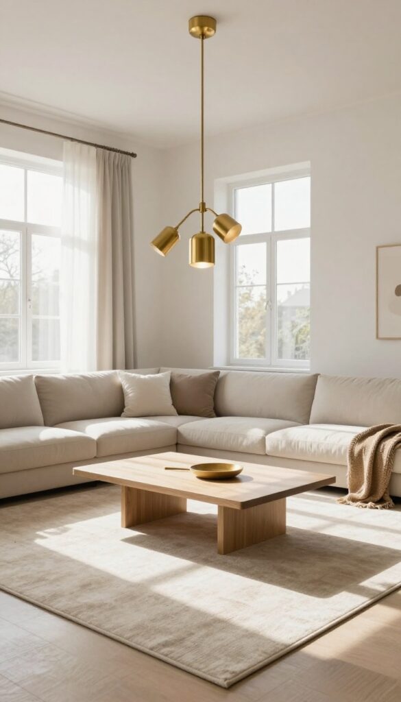 Modern living room with a statement sputnik chandelier over a coffee table, clean lines, natural light, and cozy layered decor.