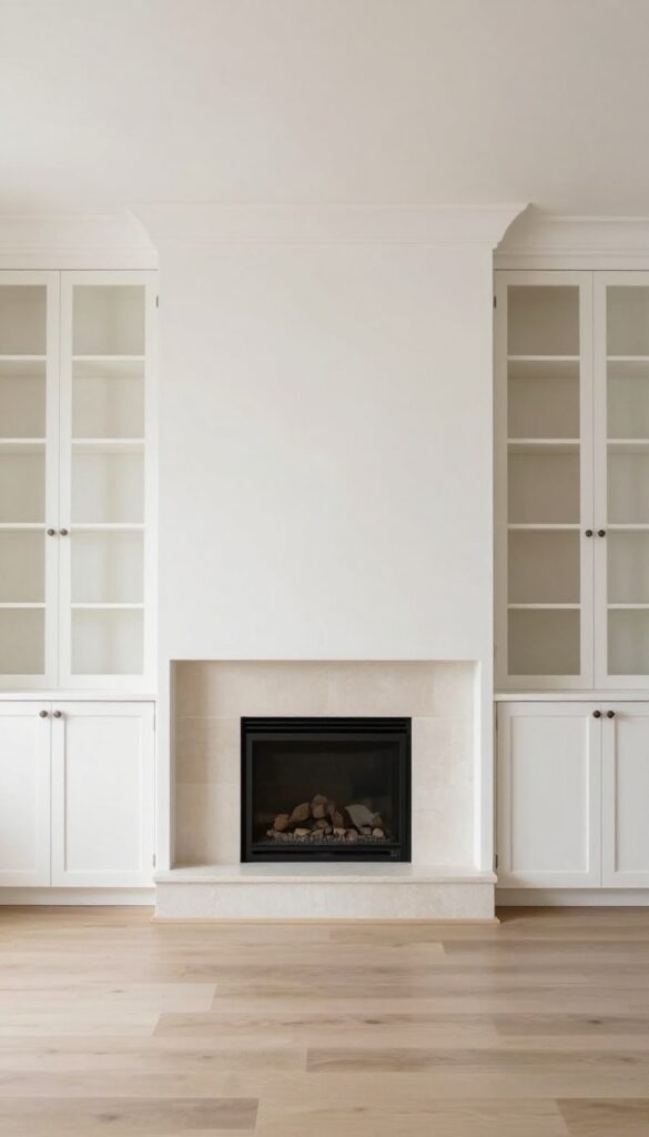 Living room with floor-to-ceiling pantry cabinets flanking a linear fireplace, creating symmetrical storage and a warm focal point.