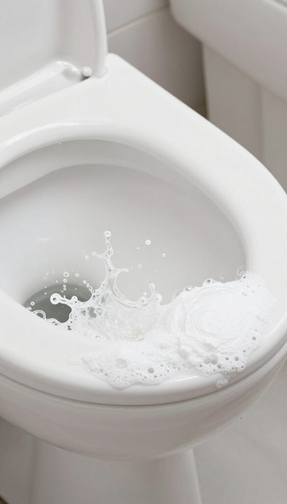 Baking soda and vinegar fizzing in a toilet bowl to clean stains