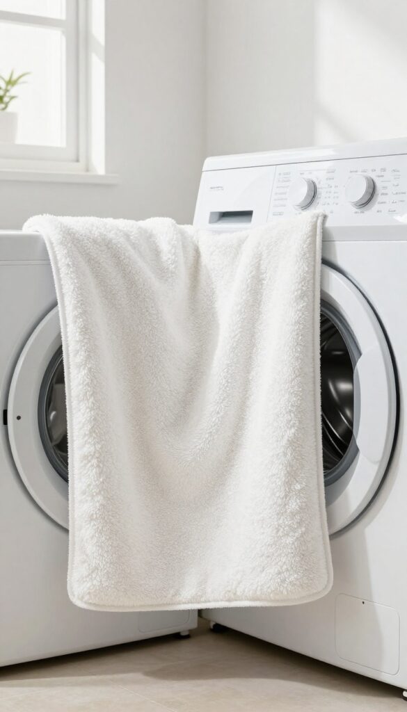 A person taking a clean bath mat out of a washing machine in a bright bathroom