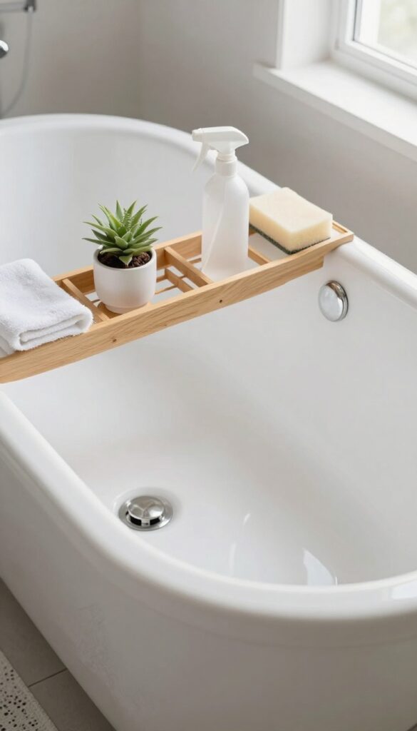 Clean bathtub with caddy, towel, and cleaning supplies in bright bathroom