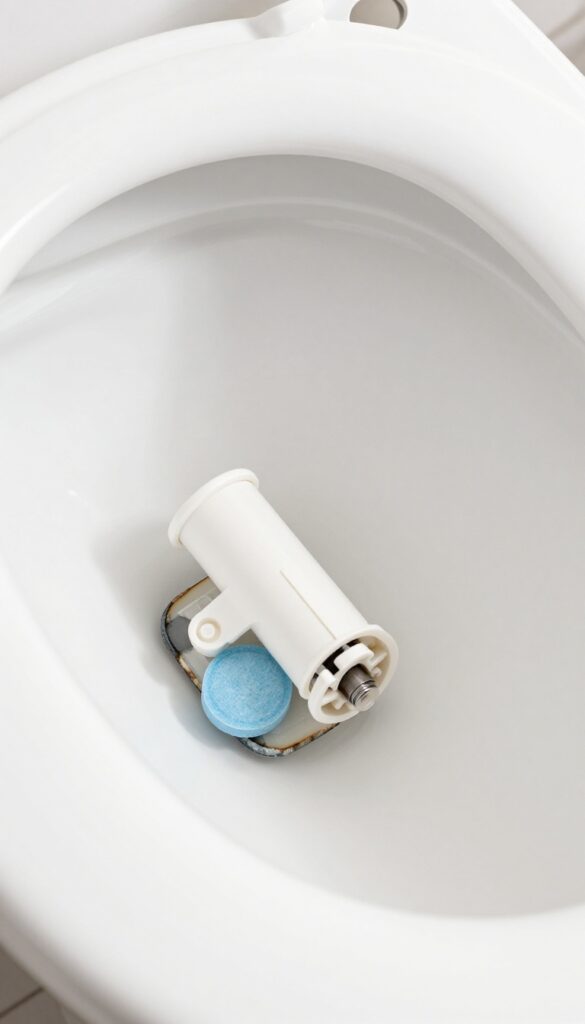 Close-up of toilet tank interior with bleach tablet damaging rubber seals