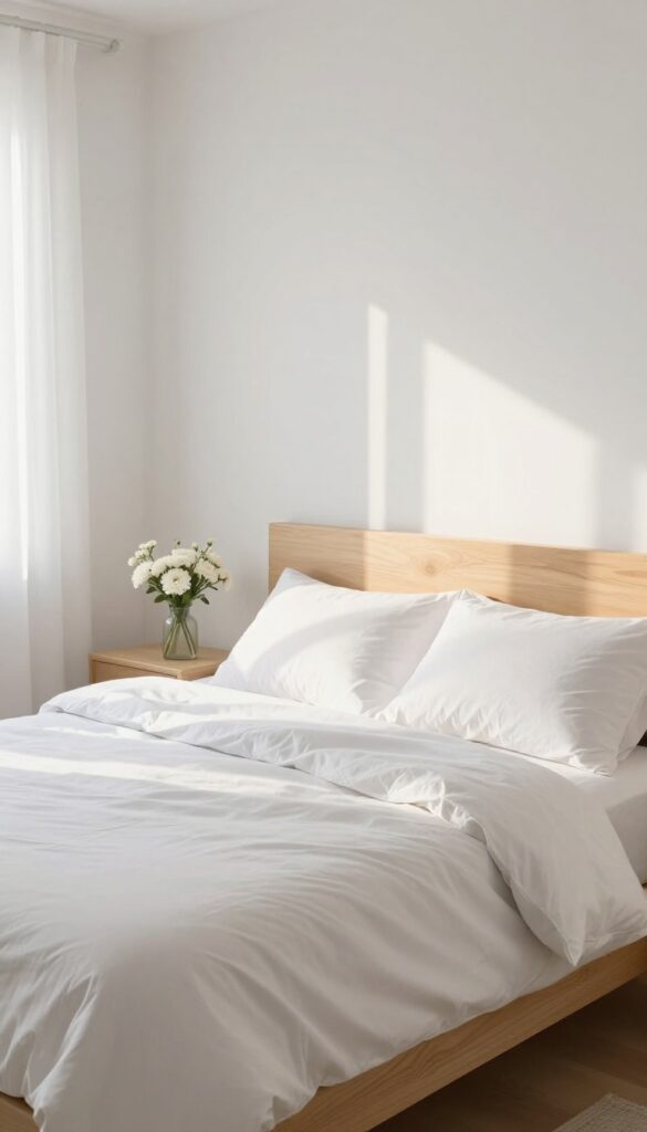 A neatly made bed in a bright bedroom with natural light and fresh flowers.