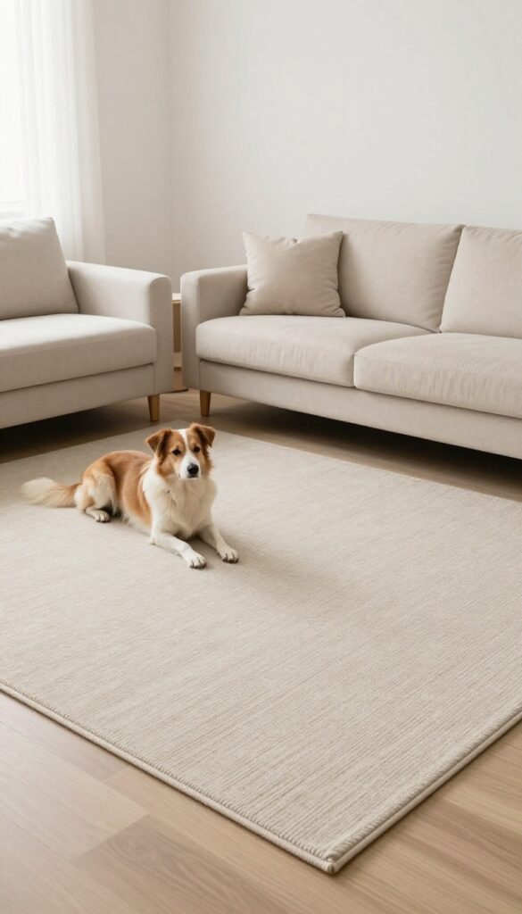 A bright living room with a large oatmeal wool rug anchoring the seating area, sofa and chairs with front legs on the rug, natural light, clean and modern.