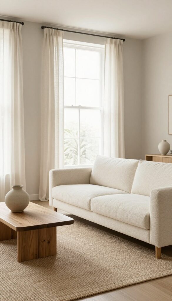 Warm gray living room with textured neutrals and natural light