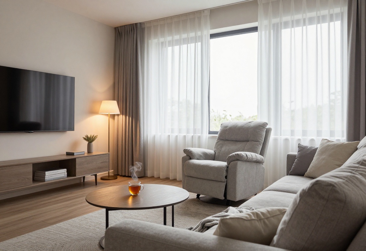 Cozy small living room with a light gray recliner, wall-mounted TV, and warm lighting
