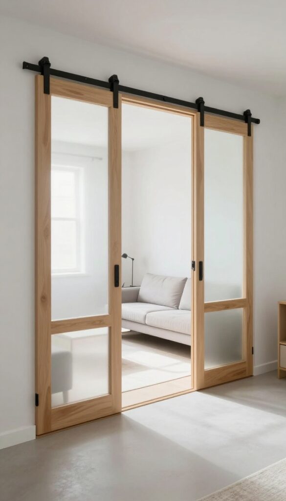 A sliding barn door mounted on a half-wall, partially open, separating a living room from a home office, with frosted glass panel and natural light