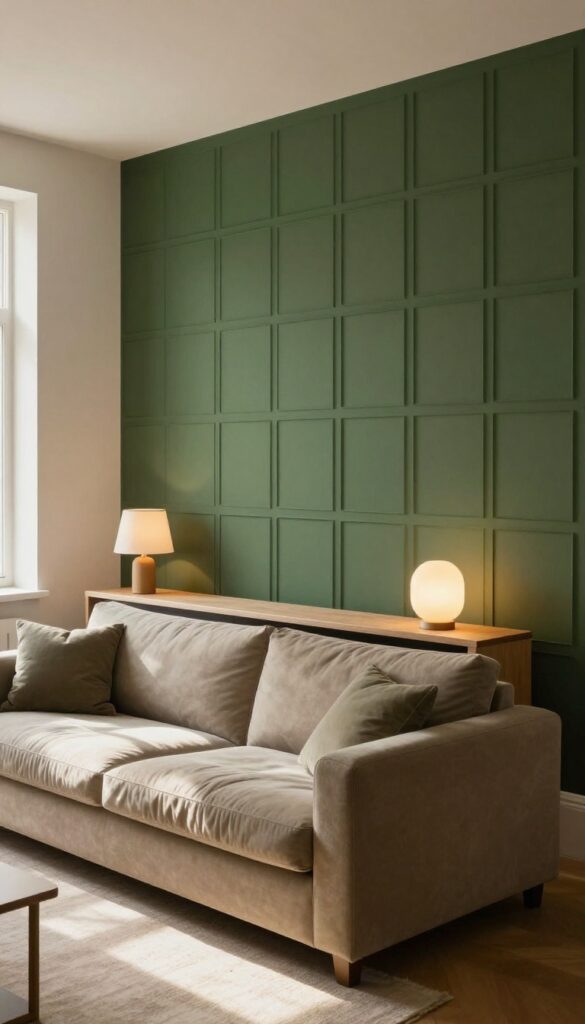 Warm living room with olive green moulding accent wall behind sofa, console table with lamps, natural light