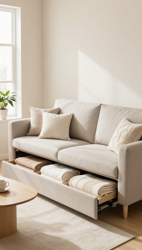 Small living room with a storage sofa, built-in compartments open showing blankets and pillows, natural light, clean and tidy decor.