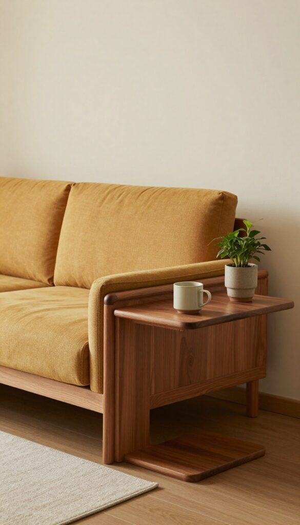 A small modern living room with a warm wooden sofa featuring a built-in side table, holding a mug and a plant.