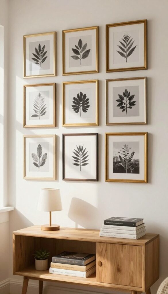 A cozy living room gallery wall with mismatched frames painted in cream and gold, filled with personal photos and prints, arranged organically above a wooden console table.