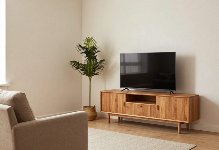 Cozy living room corner with TV on credenza, plant, armchair, and warm lighting.