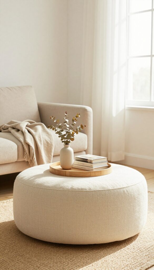 A round beige ottoman as a coffee table in a warm, cozy small living room with natural light.