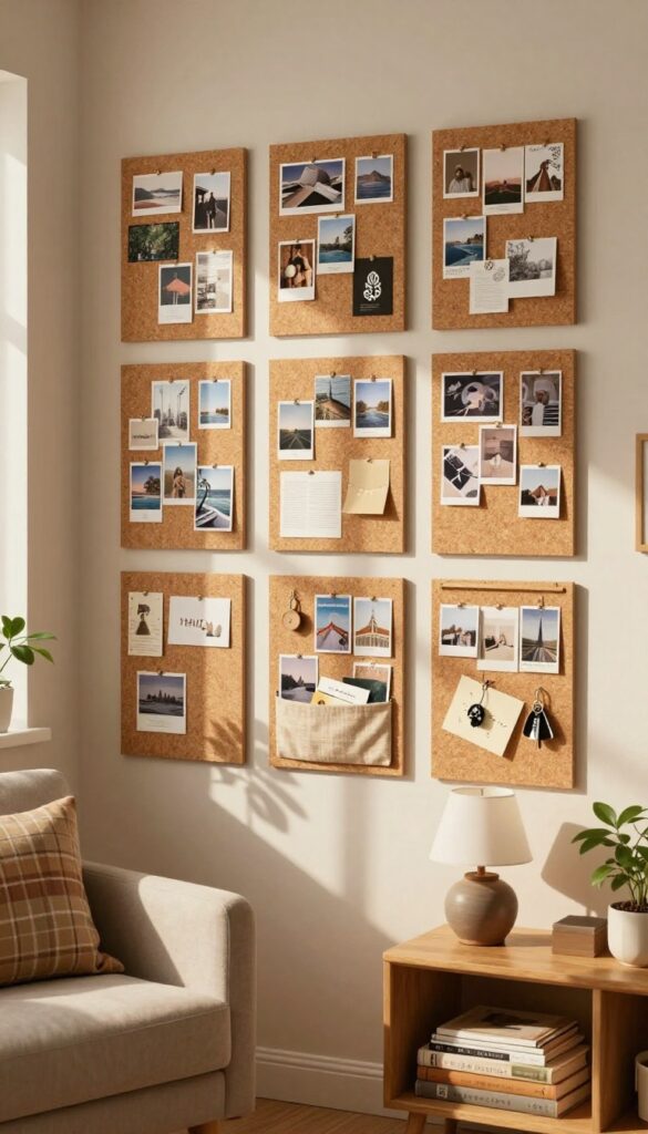 A grid of corkboards on a living room corner wall, pinned with photos and postcards, with a fabric pocket for mail, warm lighting, and cozy decor.