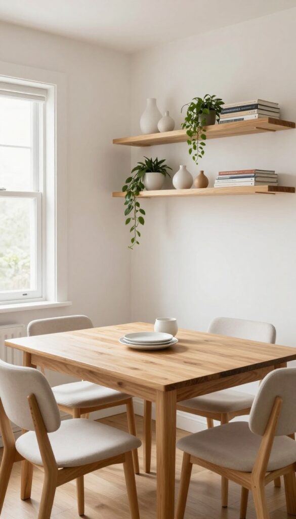 Floating shelves above a dining table in a small living room, styled with dishes and decor.