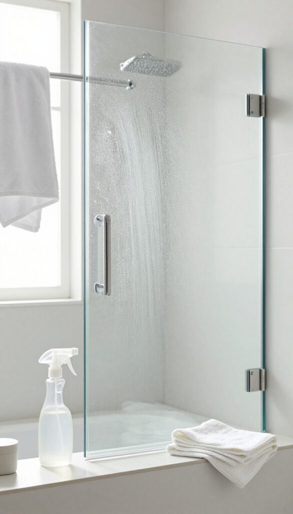 Clean shower glass door with spray bottle and microfiber cloth, streak-free shine from rubbing alcohol solution