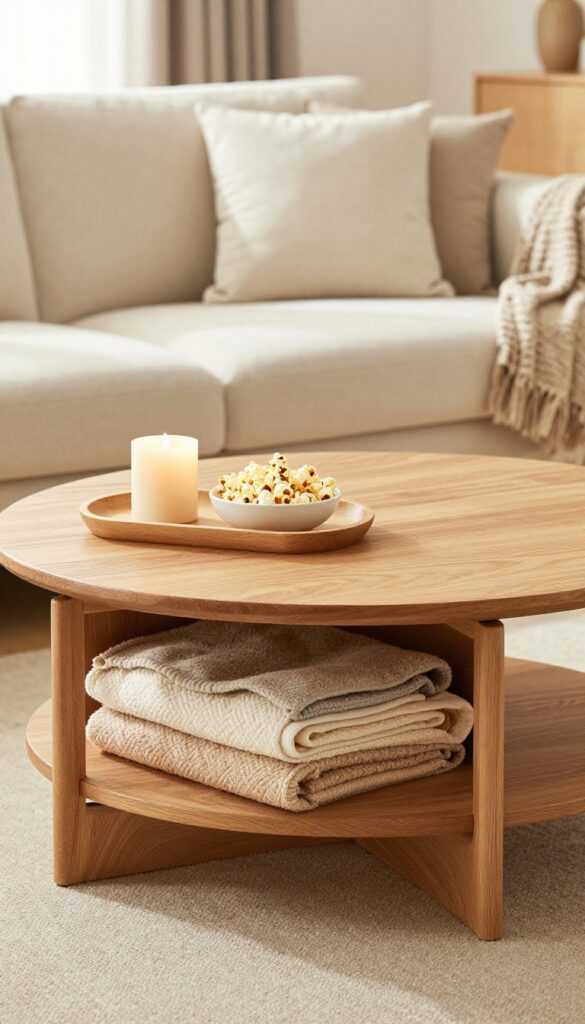 Low coffee table with lift-top storage and cozy movie night setup