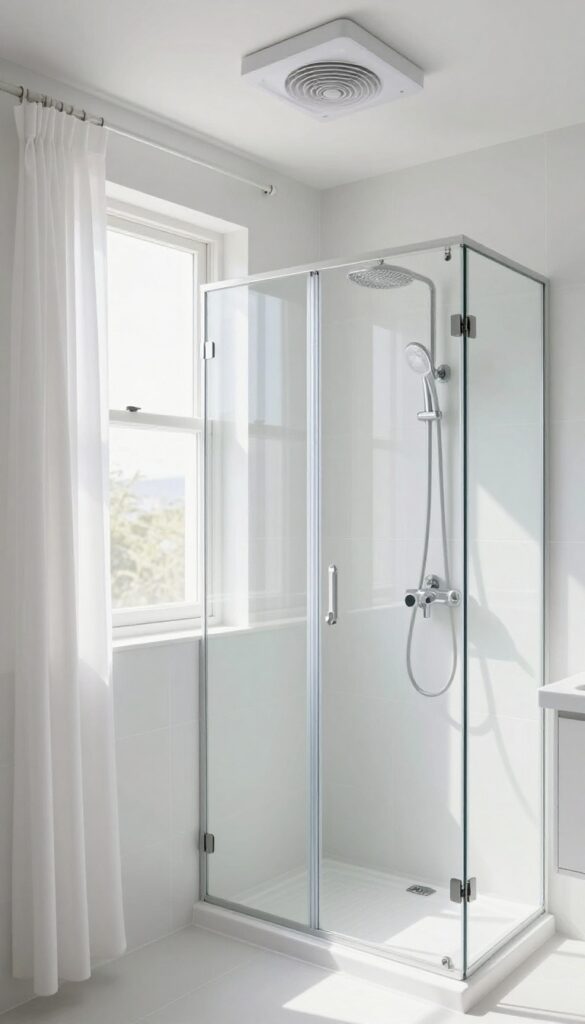 Bright bathroom with open window and exhaust fan, promoting ventilation to prevent mold on grout