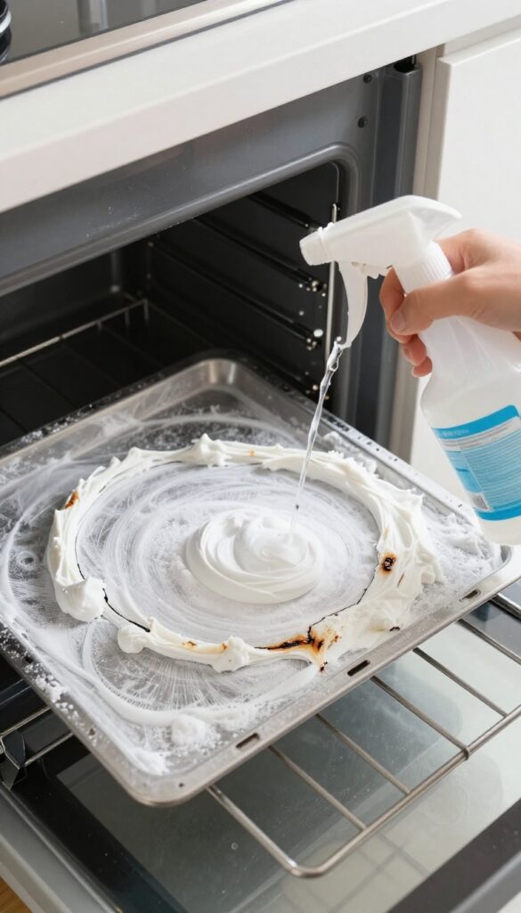 Baking soda paste applied inside an oven, with a vinegar spray bottle nearby, ready for cleaning.