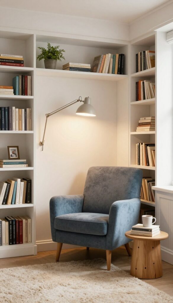 Cozy reading nook in a living room alcove with built-in shelves, a blue armchair, and a reading lamp.