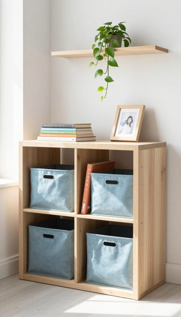 Low open shelving with colorful fabric bins, books, and a plant in a bright living room