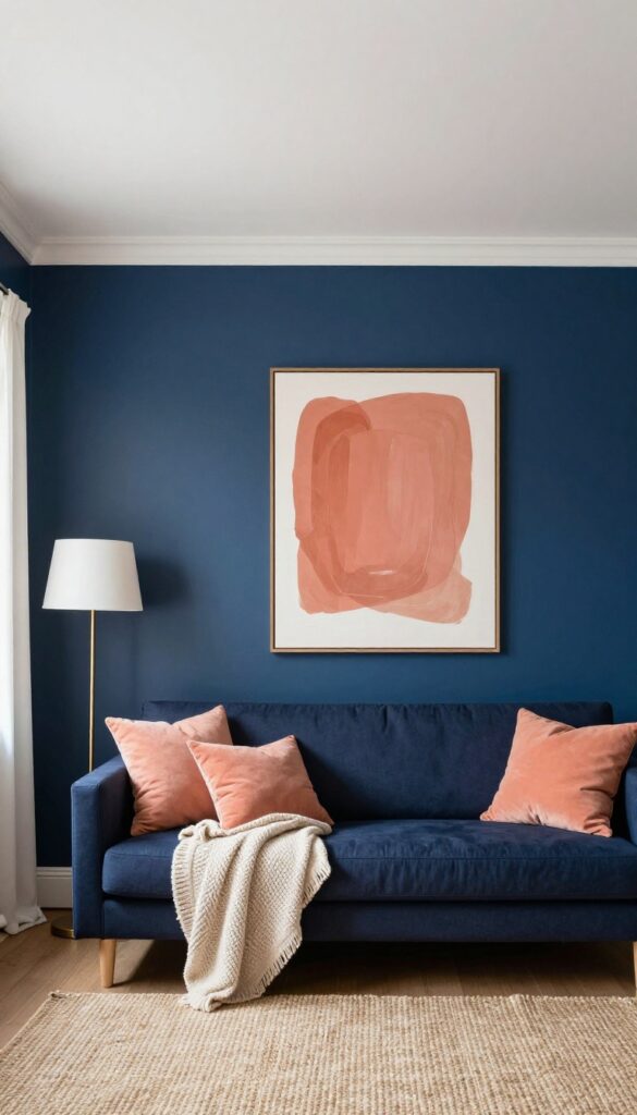 Small living room with navy accent wall, coral throw pillows, brass lamp, and abstract art.