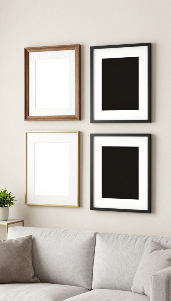 Gallery wall with mixed frame colors in black, white, wood, and gold above a sofa in a bright living room